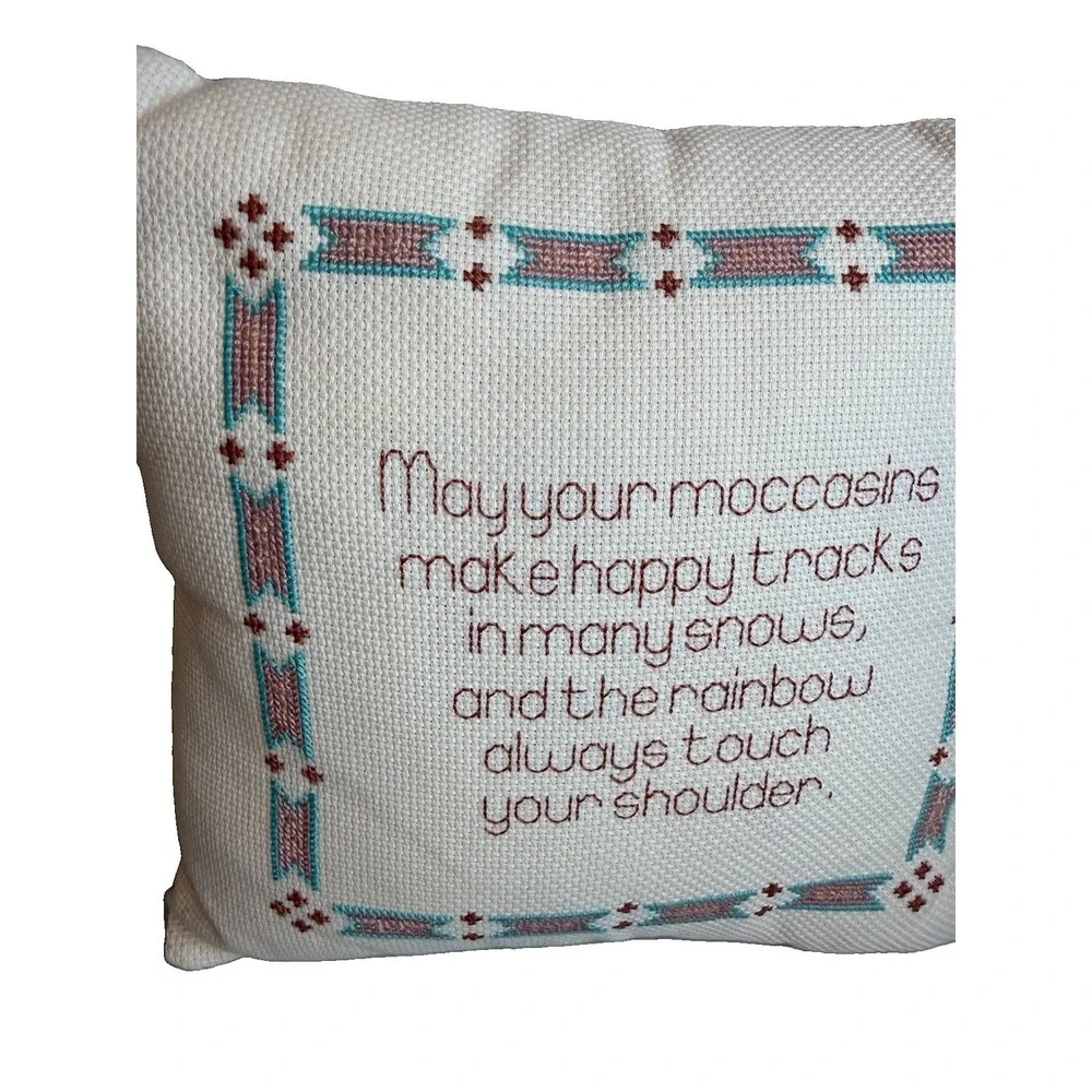 Vintage Cross Stitch Pillow Native American Blessing Moccasins Sampler Cushion